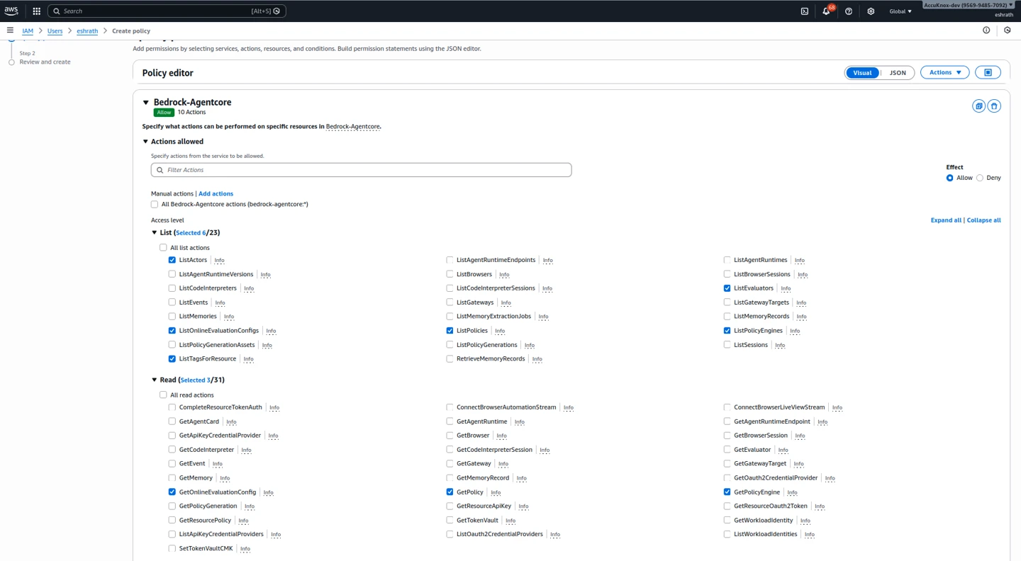 AgentCore IAM inline policy - Bedrock-Agentcore permissions step 2