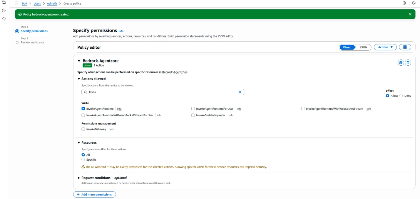 AgentCore IAM inline policy - Bedrock-Agentcore permissions step 3