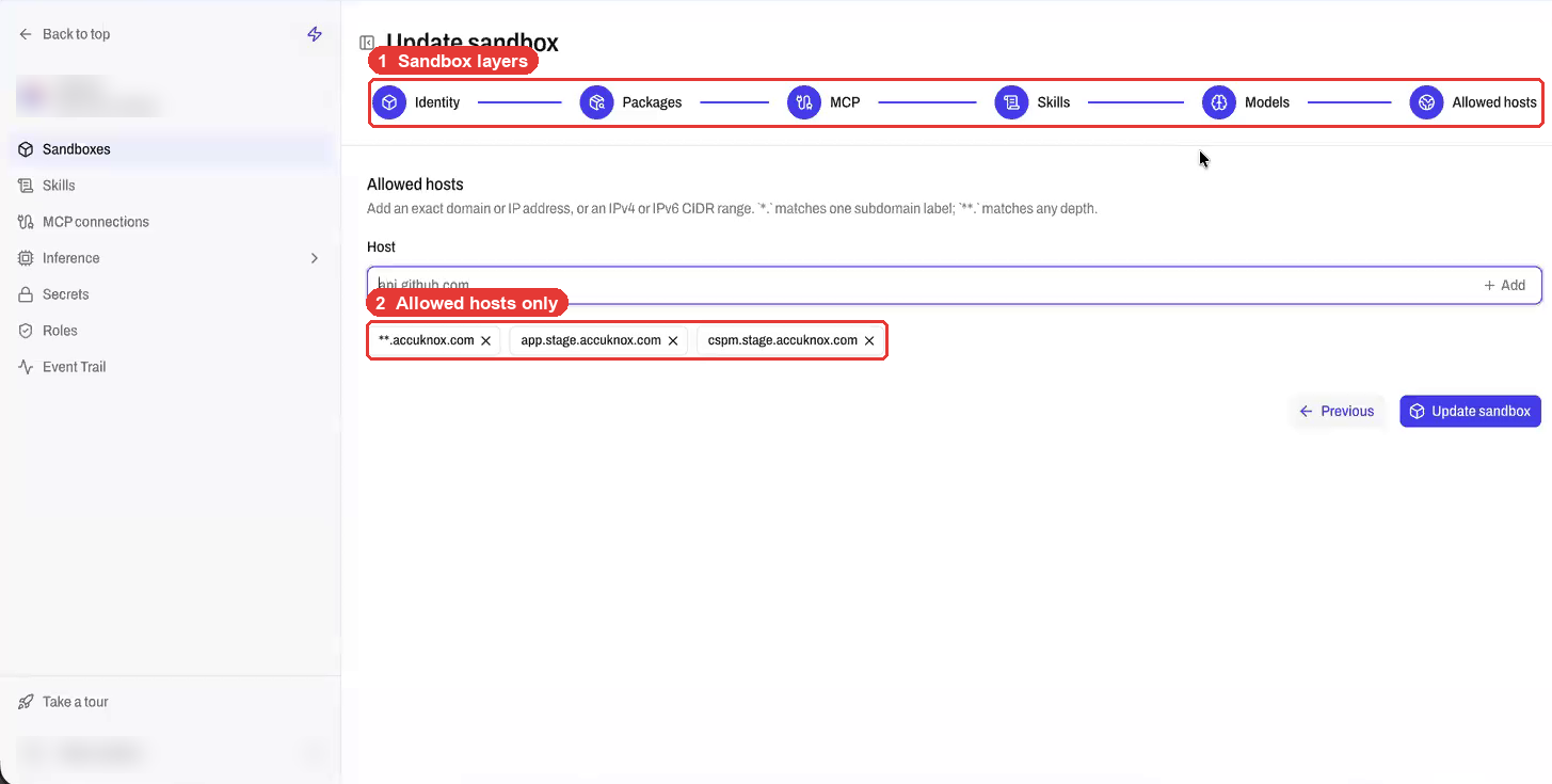 AgentZ sandbox editor with the allowed hosts list