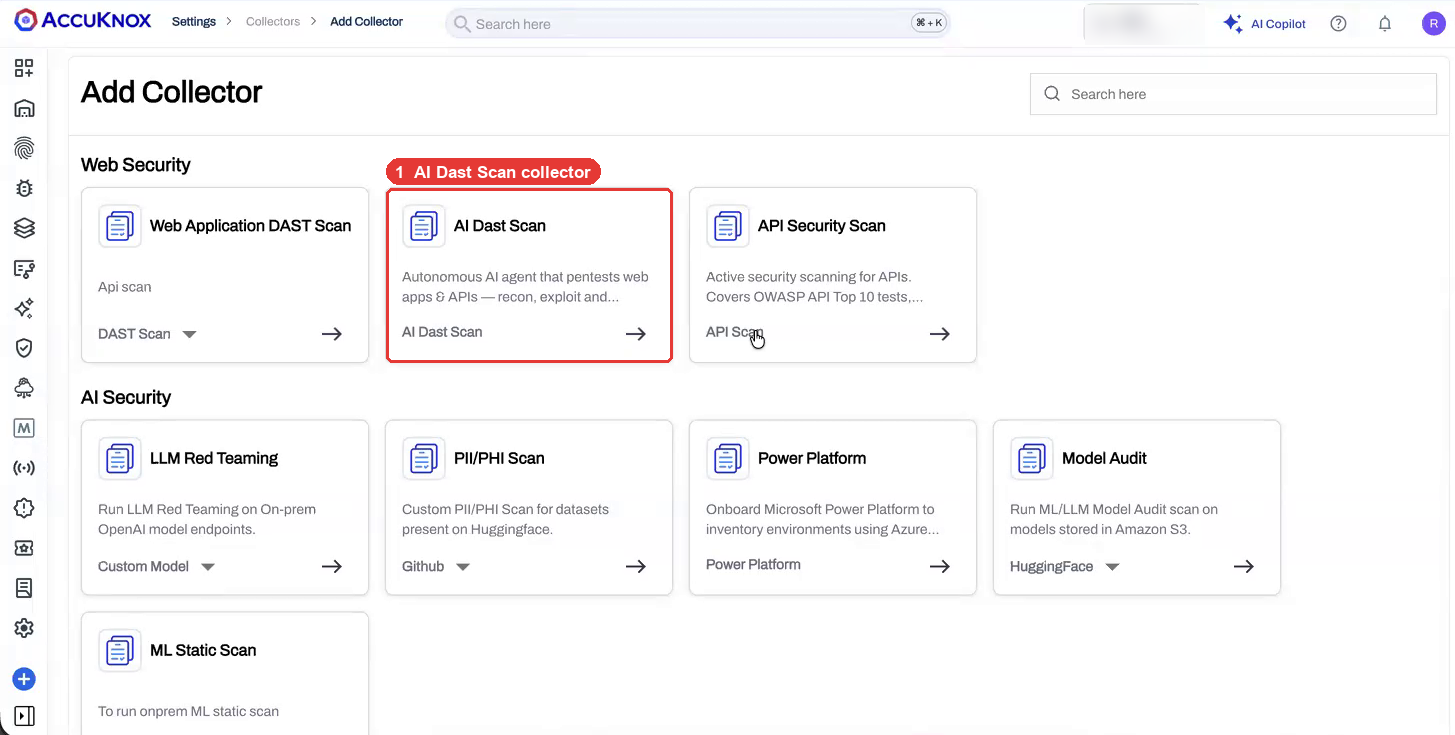 Add Collector page with the AI Dast Scan card under Web Security