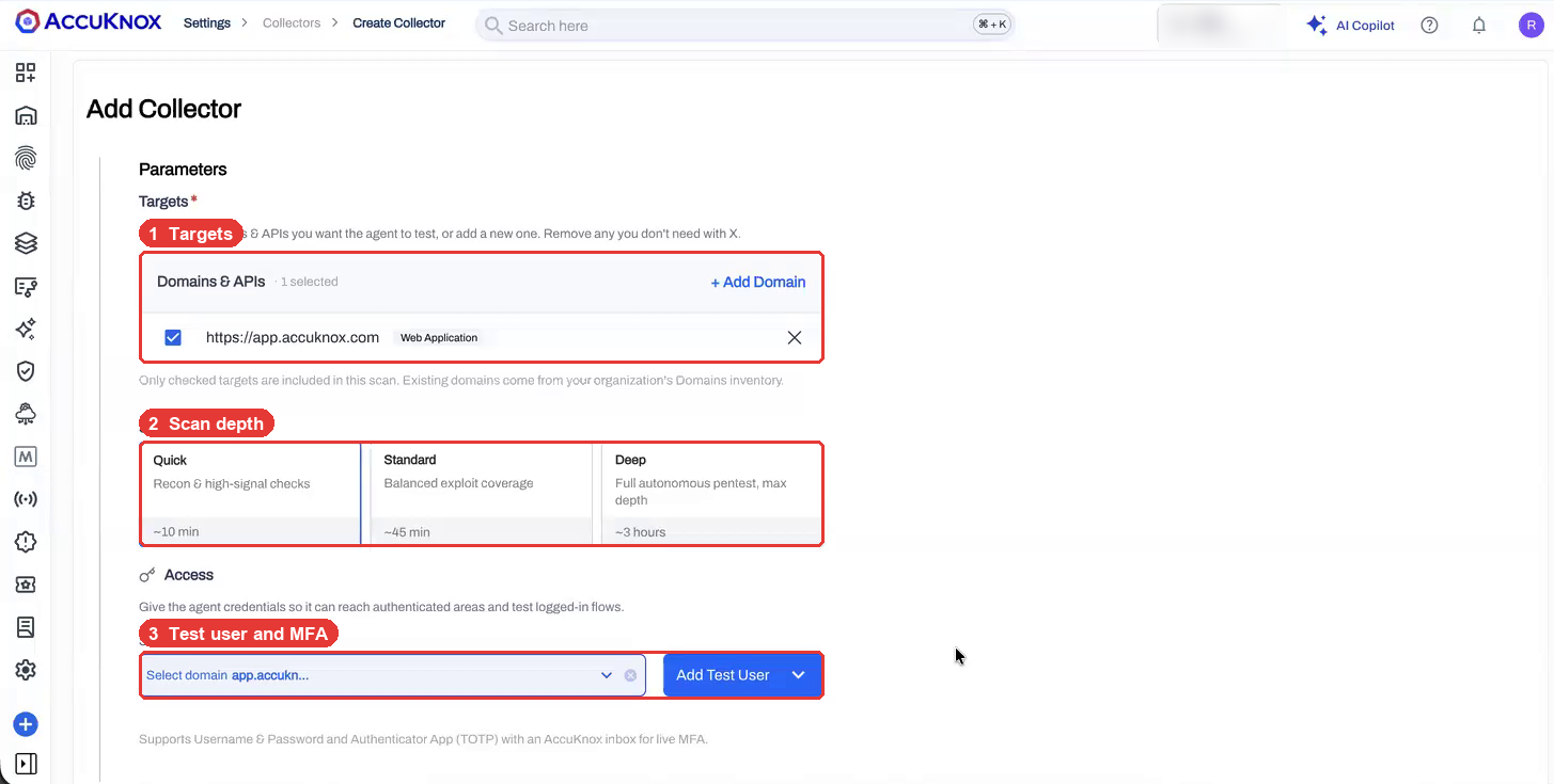 Parameters step showing targets, scan depth options and the test user picker