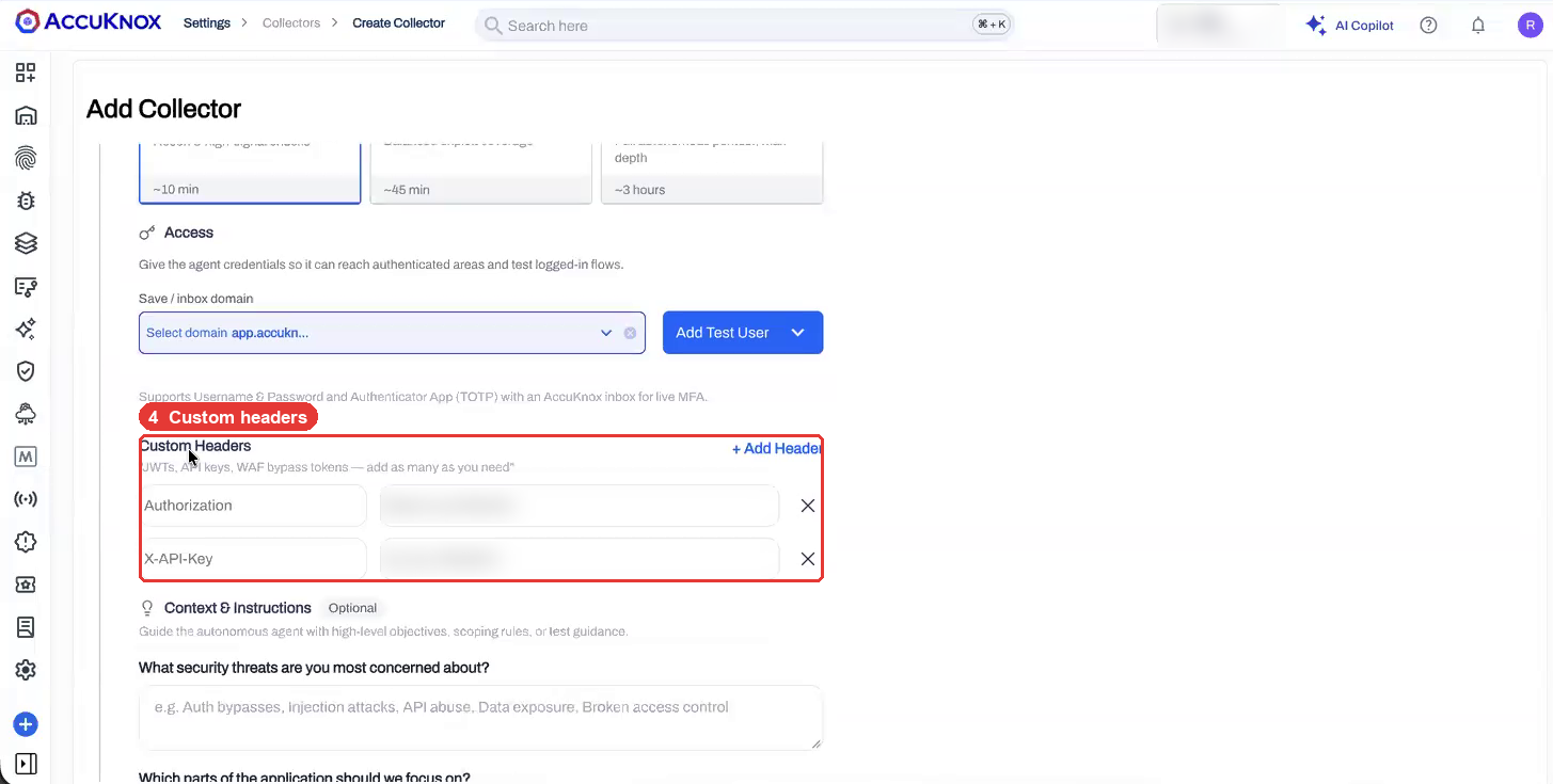 Custom Headers section with the header values redacted