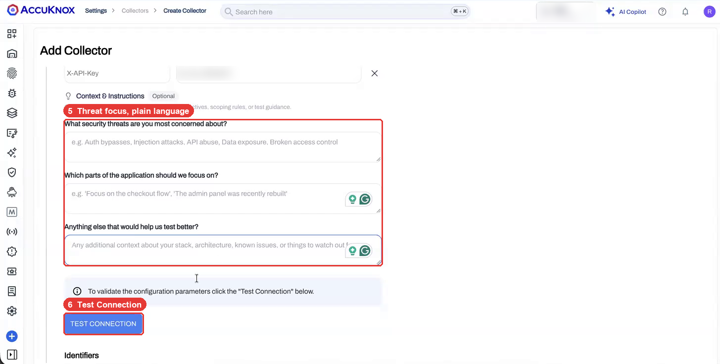 Context and Instructions fields with the Test Connection button