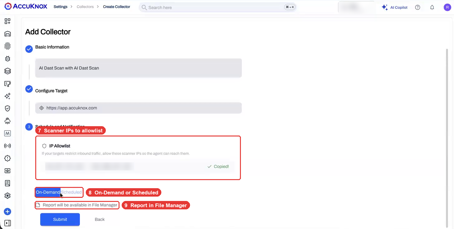 Schedule and Notification step with the scanner IP allowlist, run mode and File Manager option