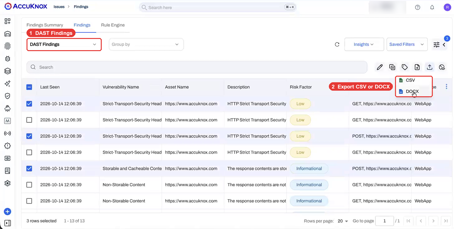 DAST Findings list with the CSV and DOCX export menu