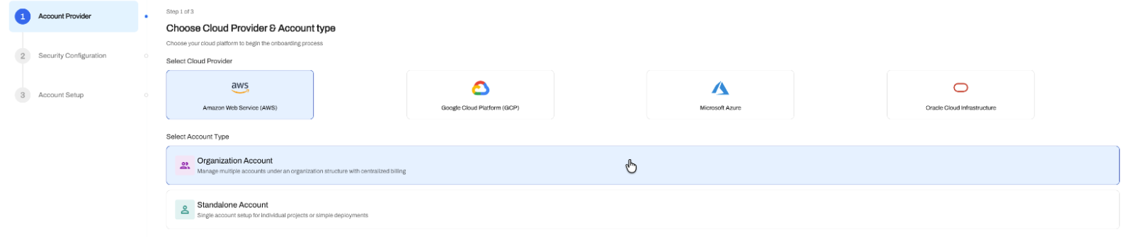Account Provider step with AWS and Organization Account selected