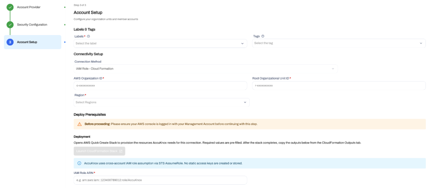 Account Setup form with Labels, Tags, Connection Method, AWS Organization ID, Root Organizational Unit ID and Region fields