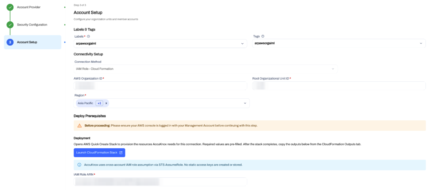 Completed Account Setup form with the Launch CloudFormation Stack button and the IAM Role ARN field