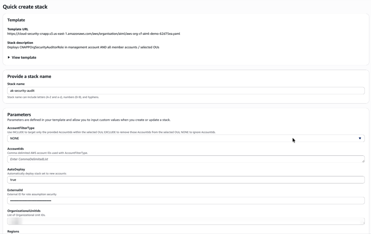 Quick create stack page with the template URL, the stack name and the AccountFilterType, AccountIds, AutoDeploy, ExternalId and OrganizationalUnitIds parameters