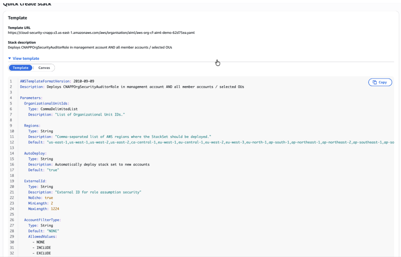 View template panel on the Quick create stack page with the CloudFormation YAML
