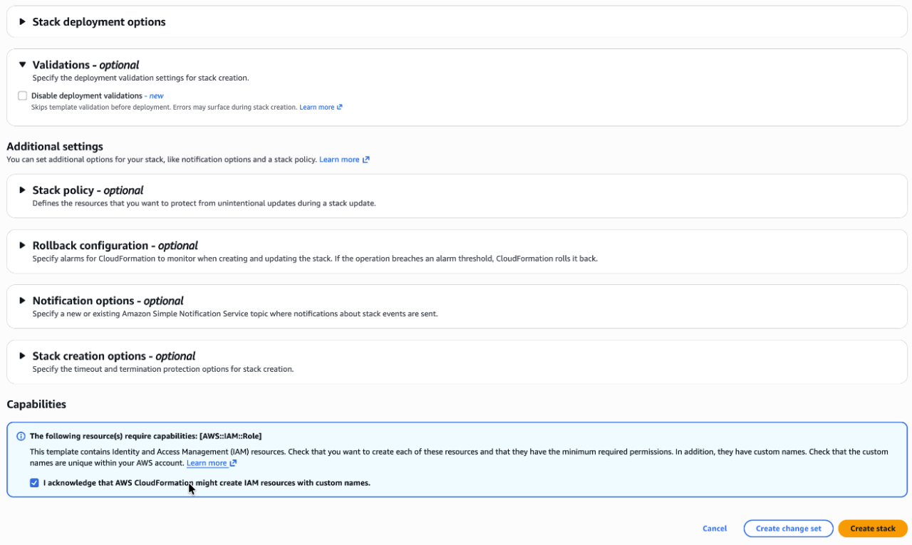 Capabilities section with the IAM acknowledgement selected and the Create stack button