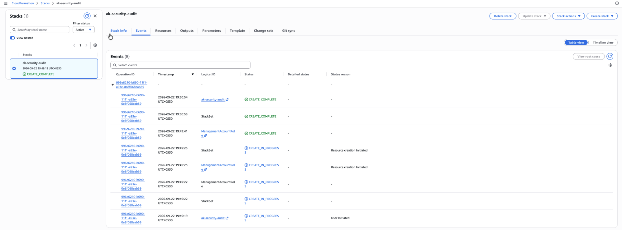 Stack Events tab with CREATE_COMPLETE for the stack, the StackSet and ManagementAccountRole