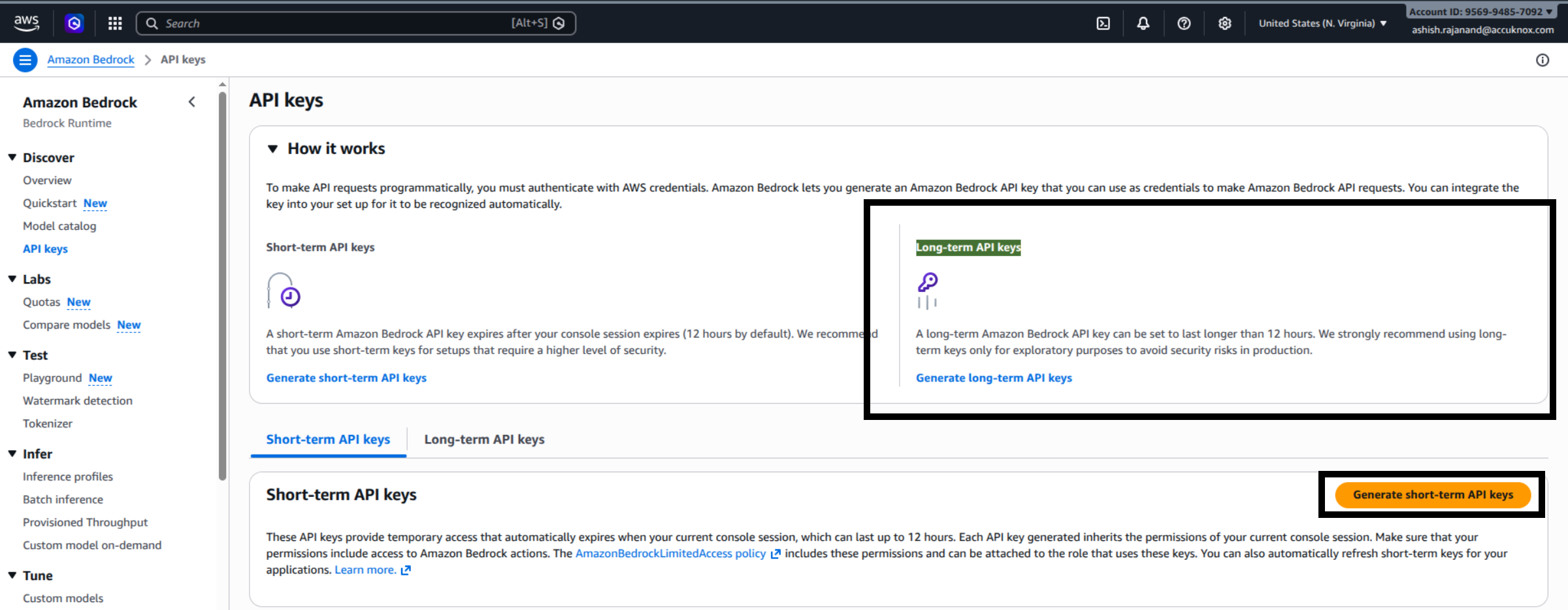 Bedrock API keys page