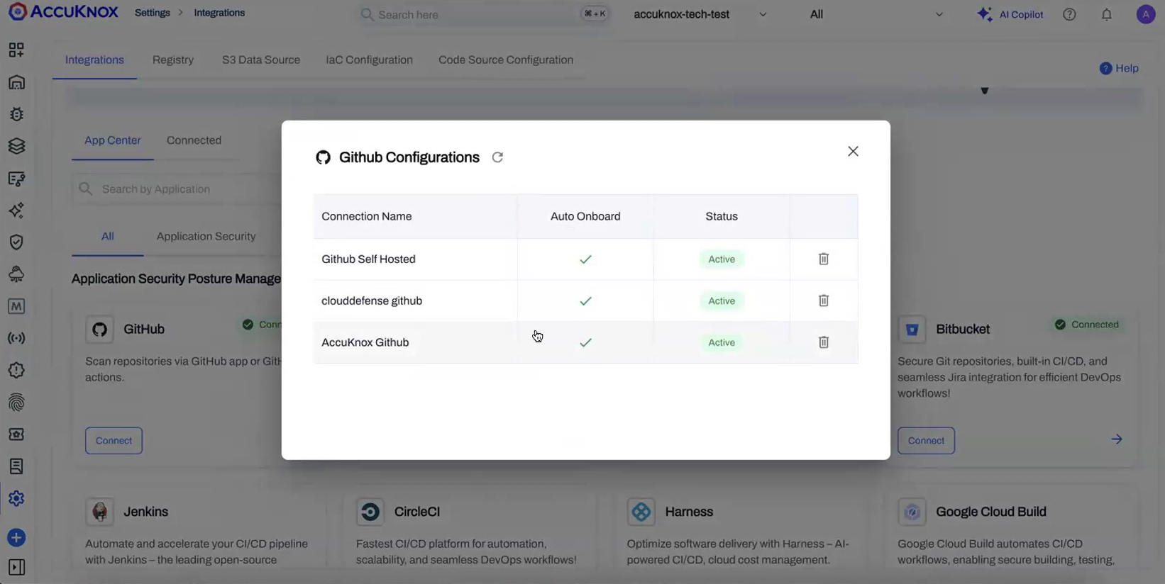 Code Source connections list showing connection name, auto-onboard, and active status