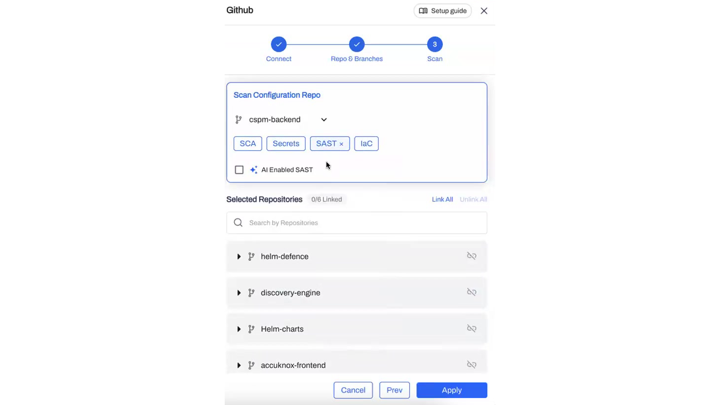 Scan configuration wizard with Connect, Repo and Branches, and Scan steps