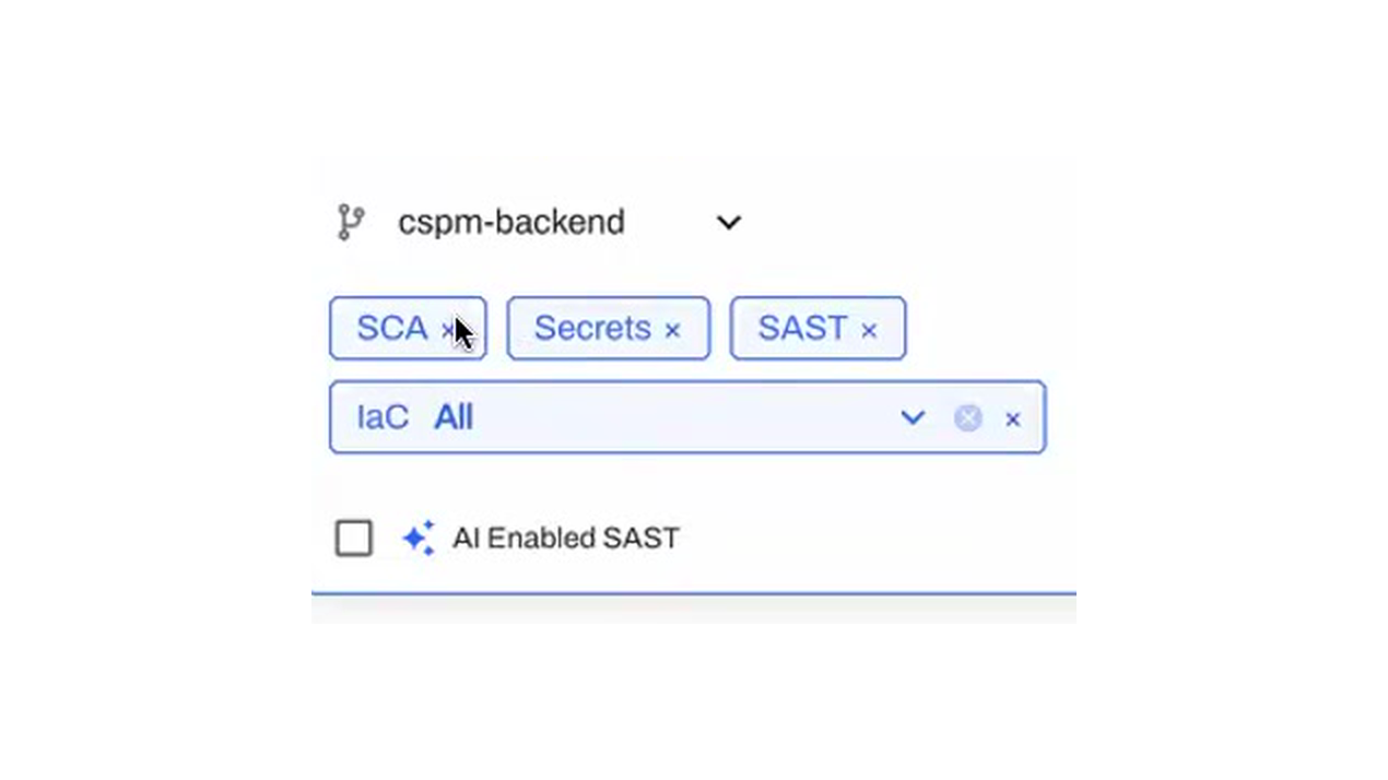 Scan-type selector with SCA, Secrets, SAST, and IaC, and the AI Enabled SAST option
