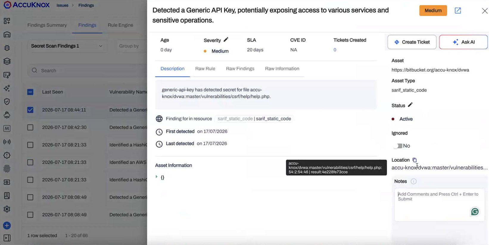 Secret finding detail with severity, SLA, asset, and a precise code location