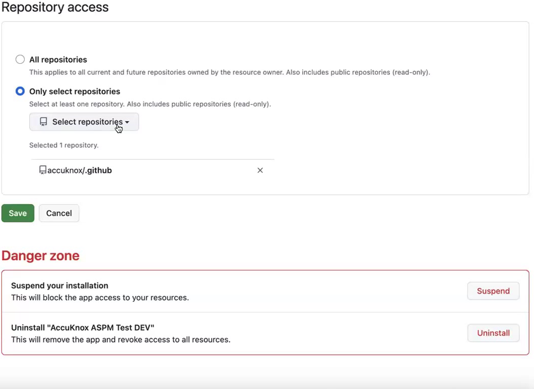 GitHub app repository access and Danger zone with Suspend and Uninstall actions
