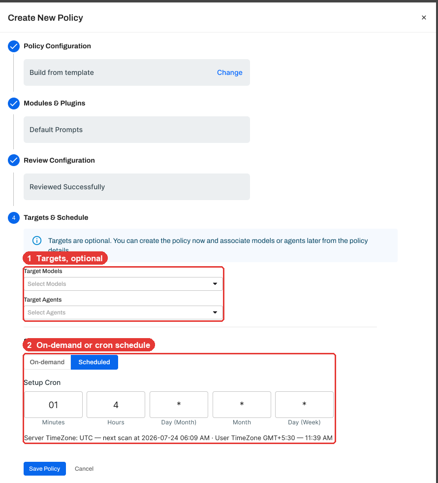 Targets and Schedule step with the model and agent pickers and the cron fields
