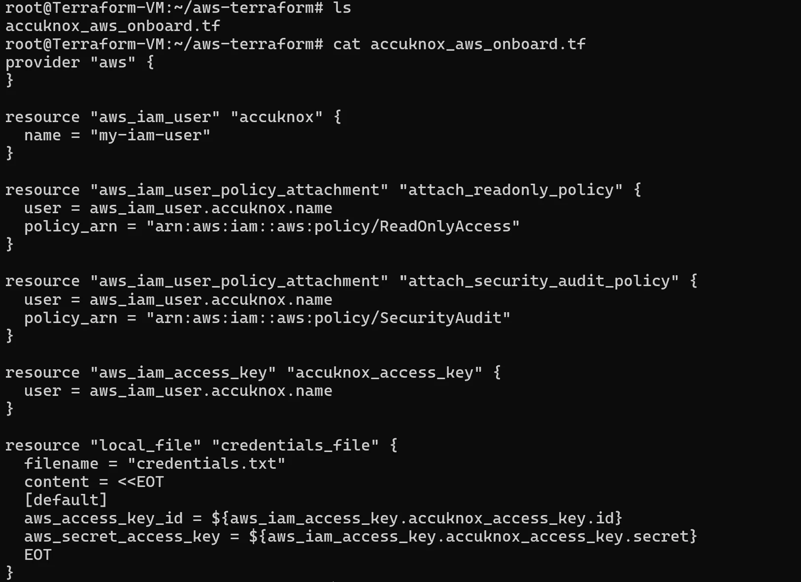 Terraform configuration displayed on the AccuKnox onboarding page