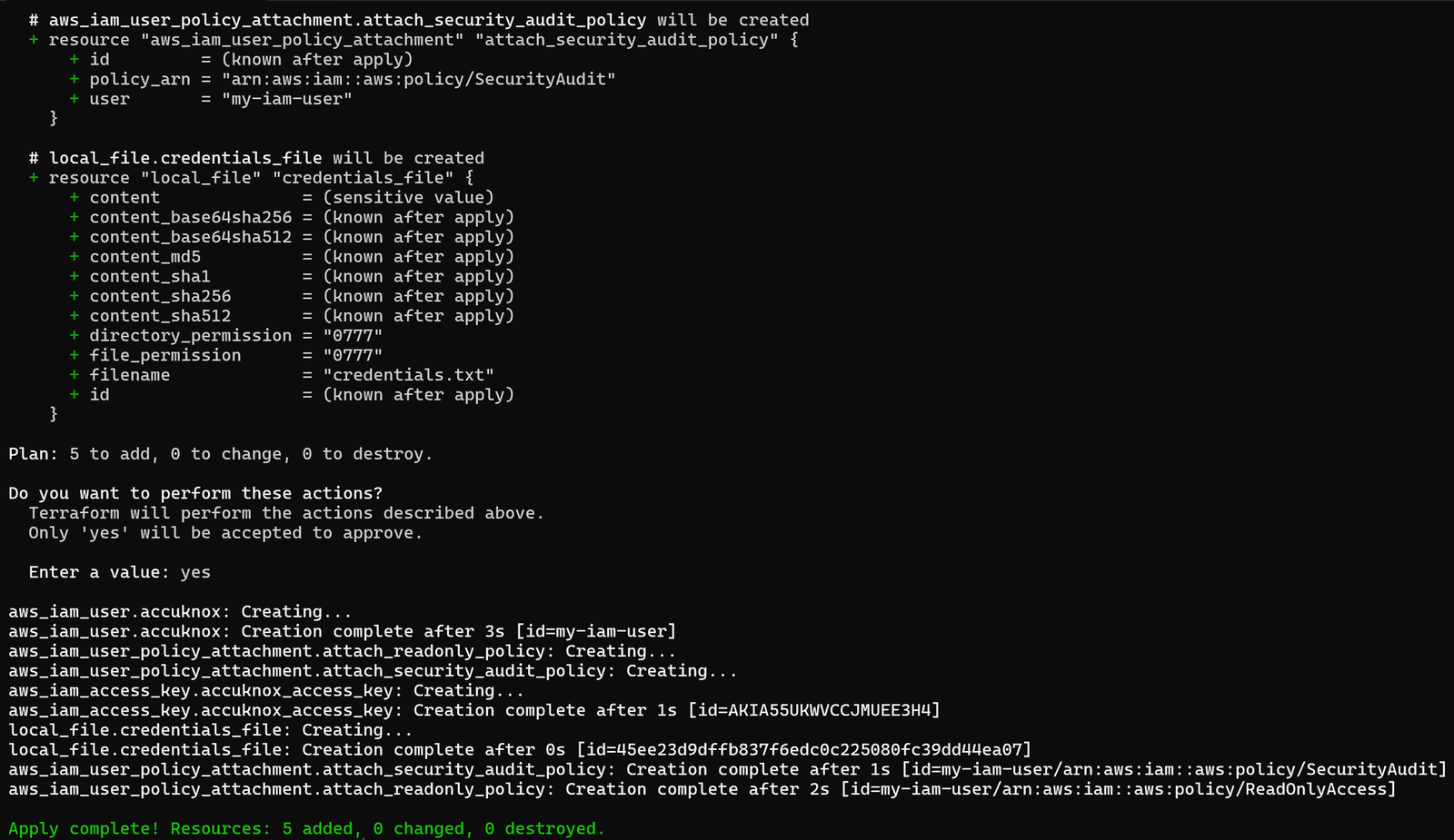 Generated IAM user and credentials in the AWS console