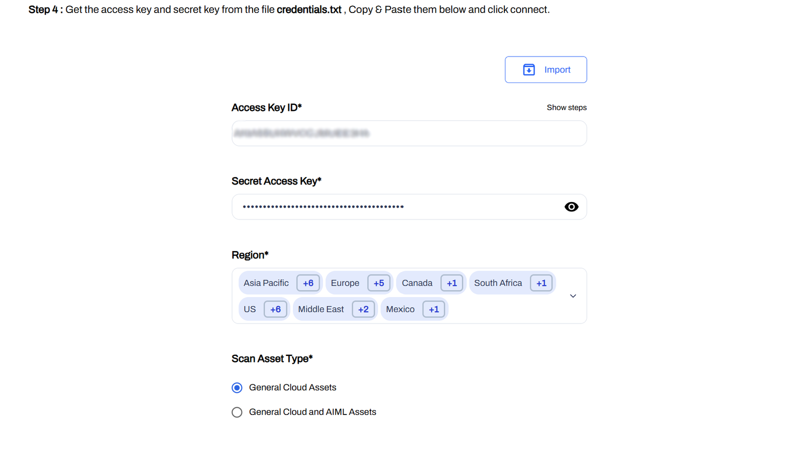 Enter the access keys, region, and scan asset type on the AccuKnox onboarding page
