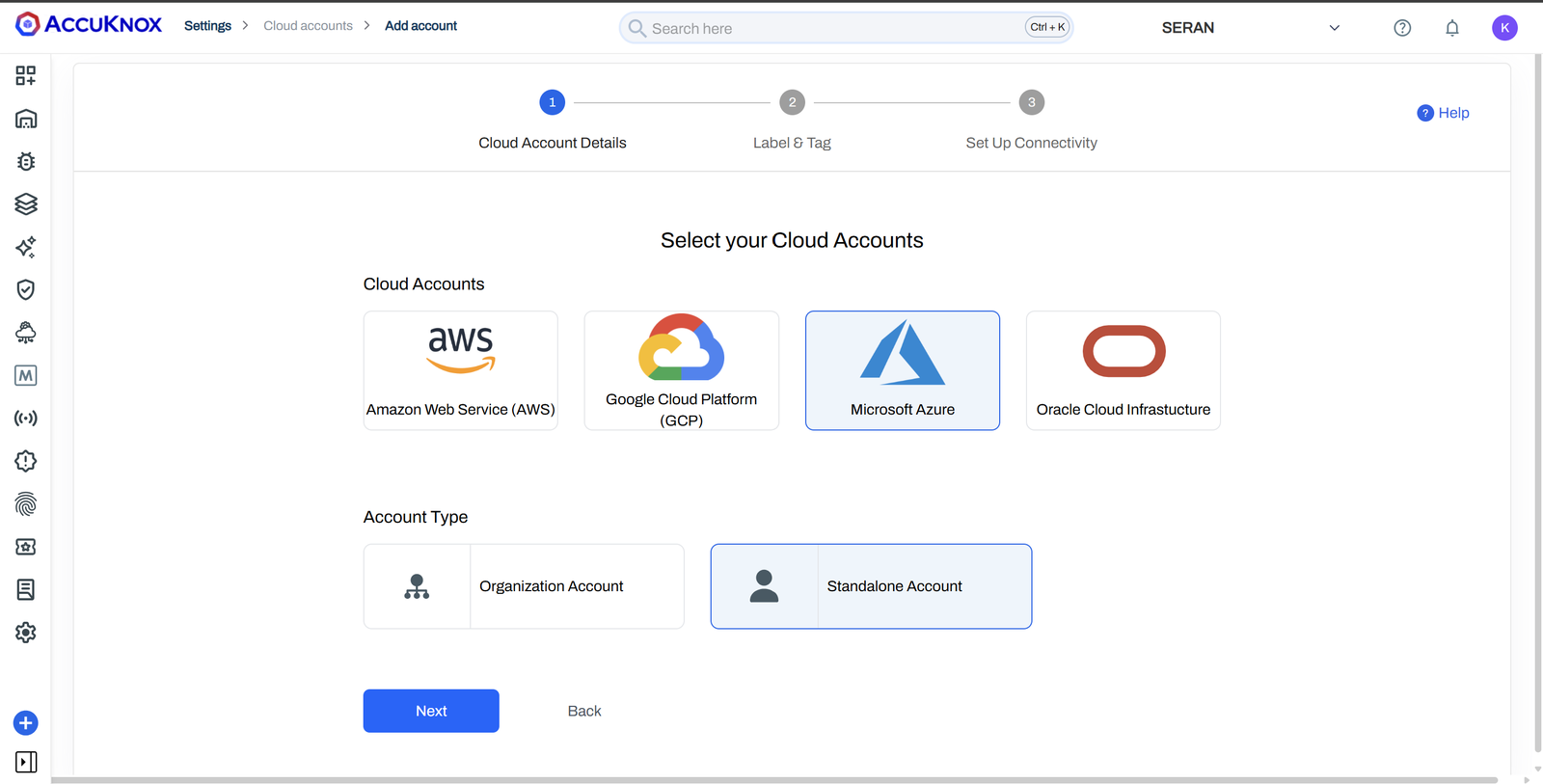 Select Microsoft Azure and Standalone Account on the AccuKnox onboarding screen