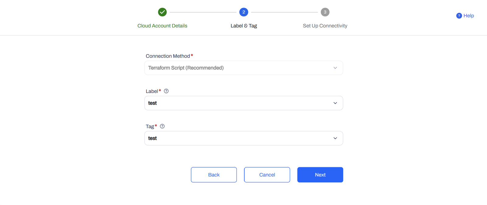 Configure the Terraform Script connection method, label, and tag