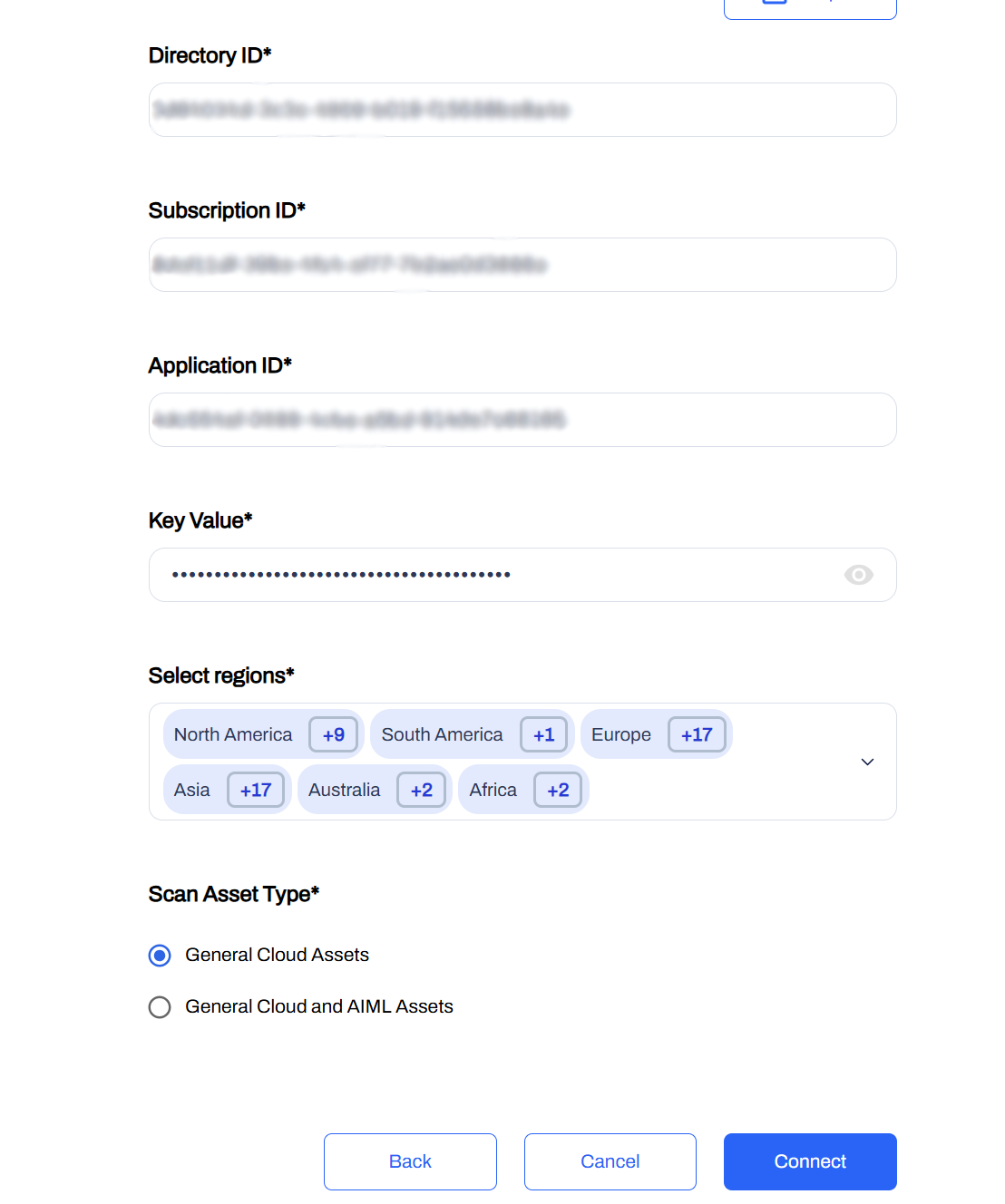 Enter the Azure credentials, region, and scan asset type on the AccuKnox onboarding page