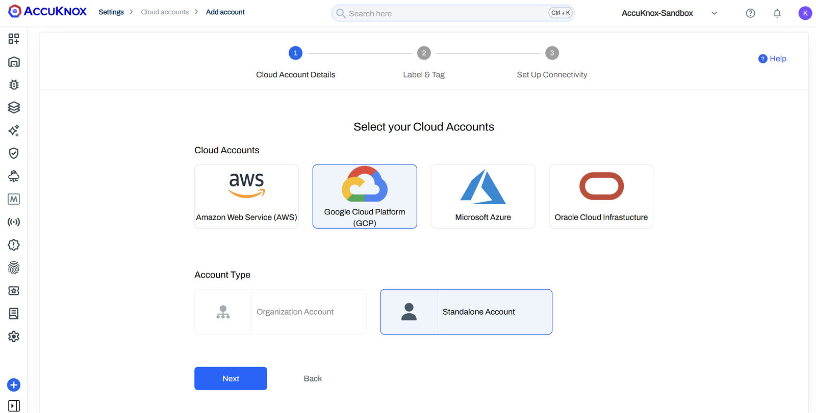 Select Google Cloud Platform and Standalone Account on the AccuKnox onboarding screen
