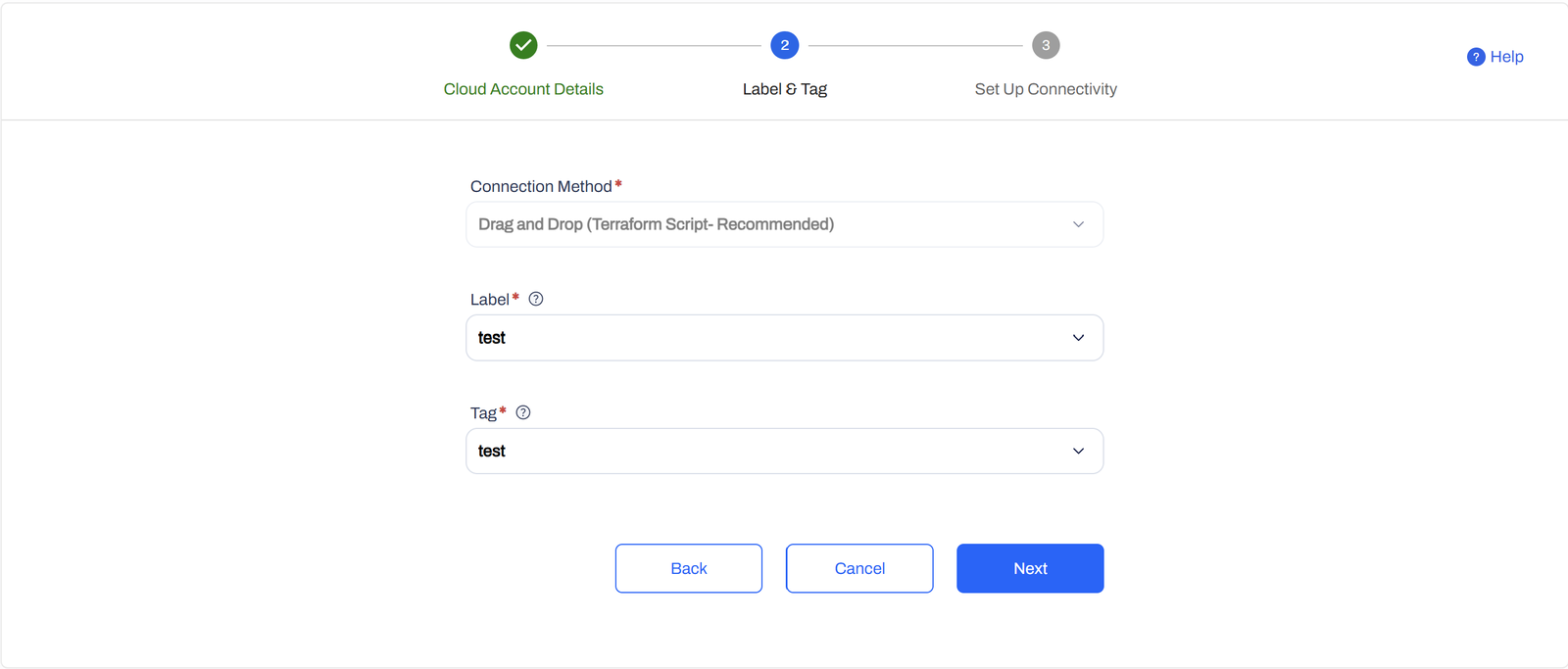 Configure the Terraform Script connection method, label, and tag