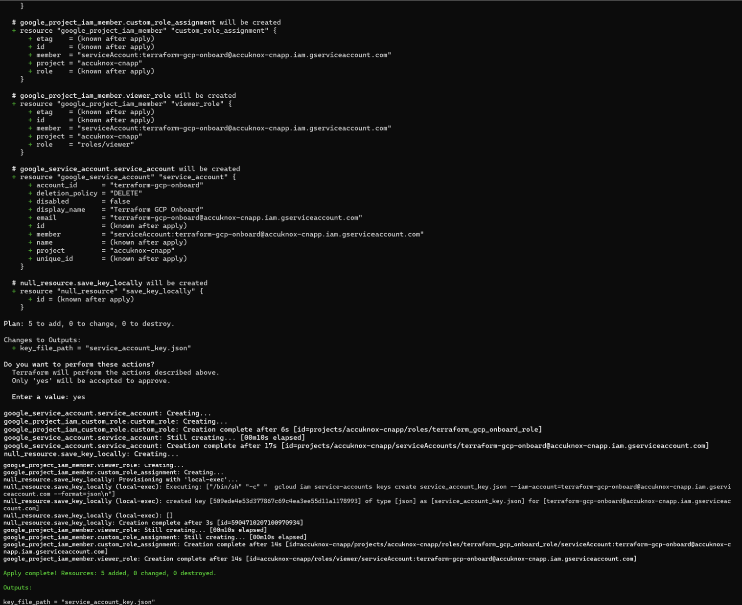 Generated service account and service_account_key.json