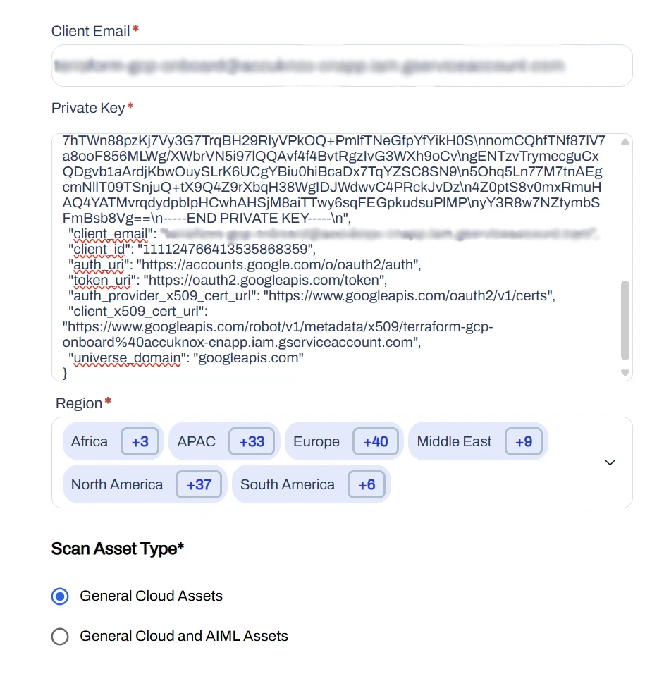 Enter the client email, private key, region, and scan asset type on the AccuKnox onboarding page