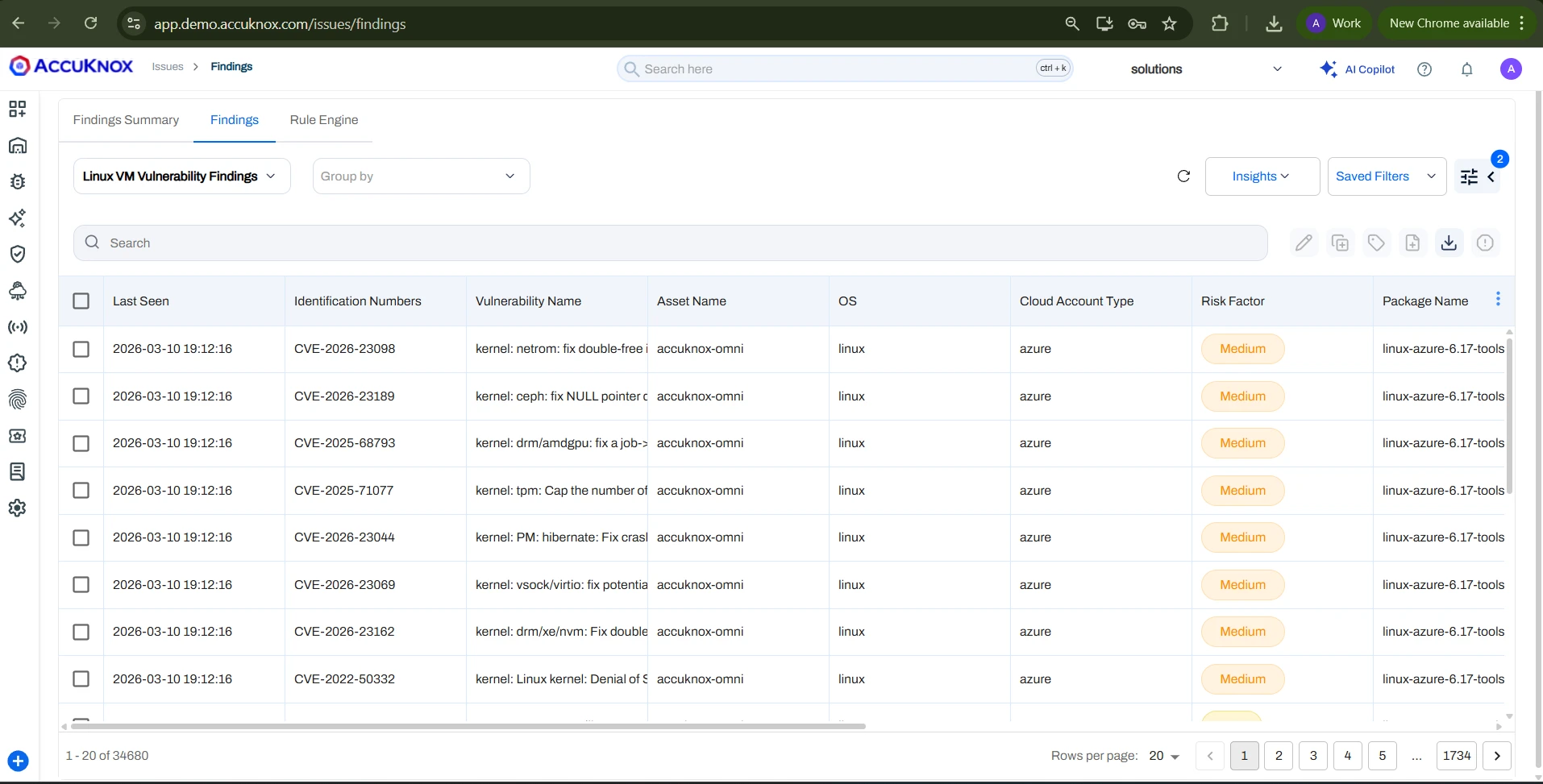 VM vulnerability findings displayed in AccuKnox Issues page