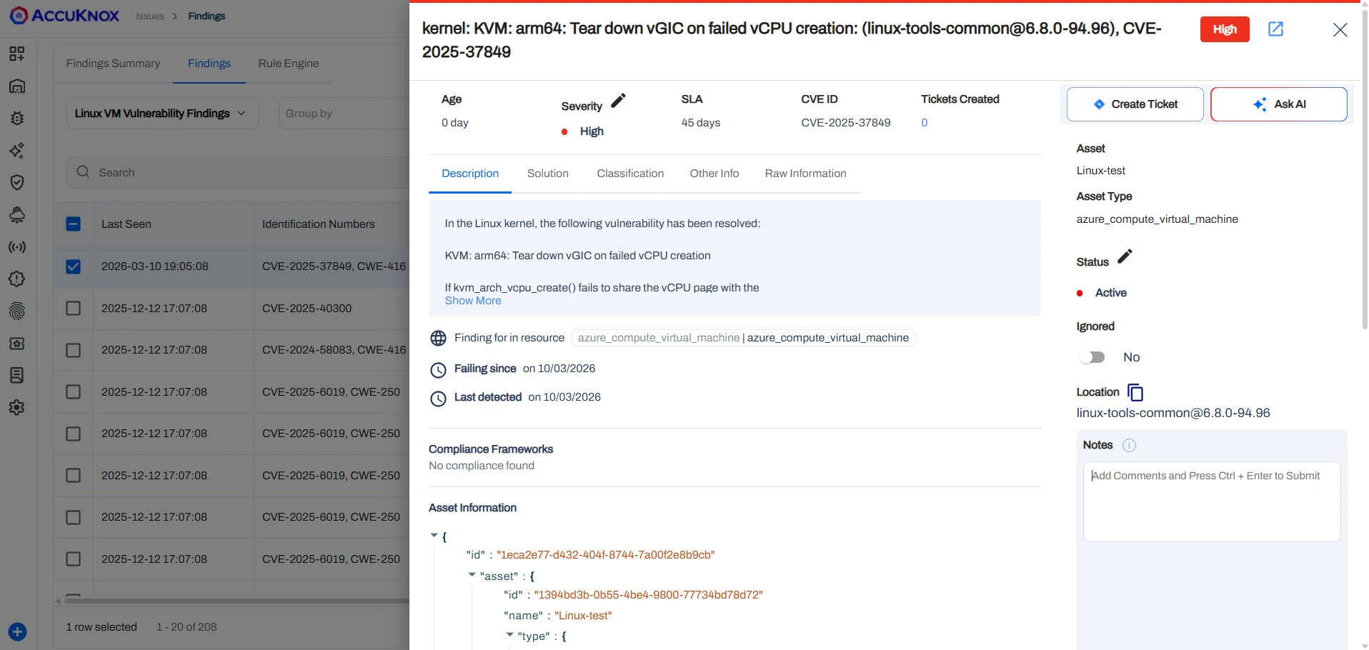 Detailed view of an Azure VM vulnerability finding in AccuKnox