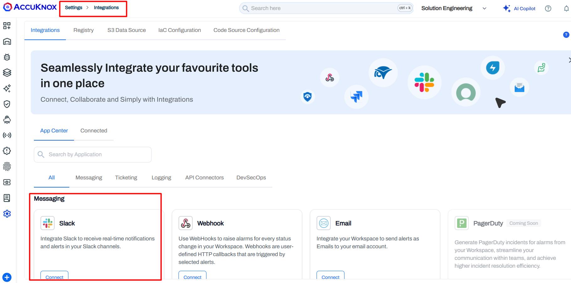 Slack integration menu