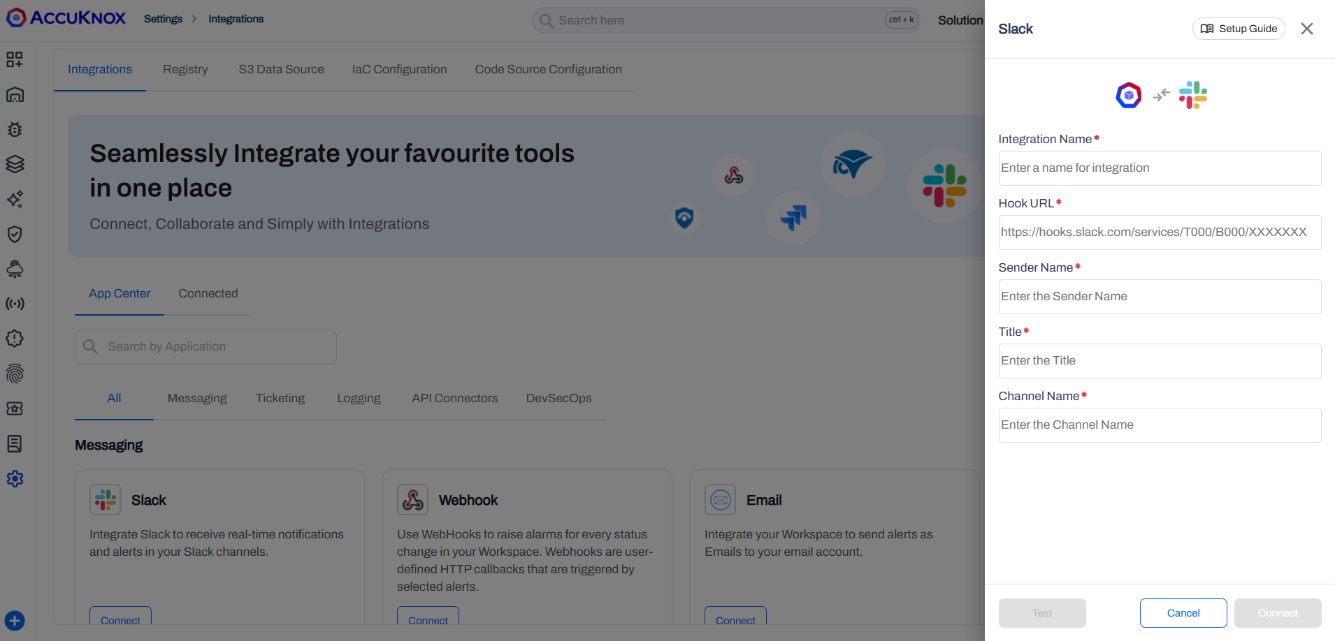 Slack integration form