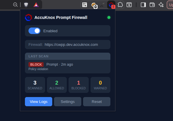 Extension popup showing connected status and scan counts