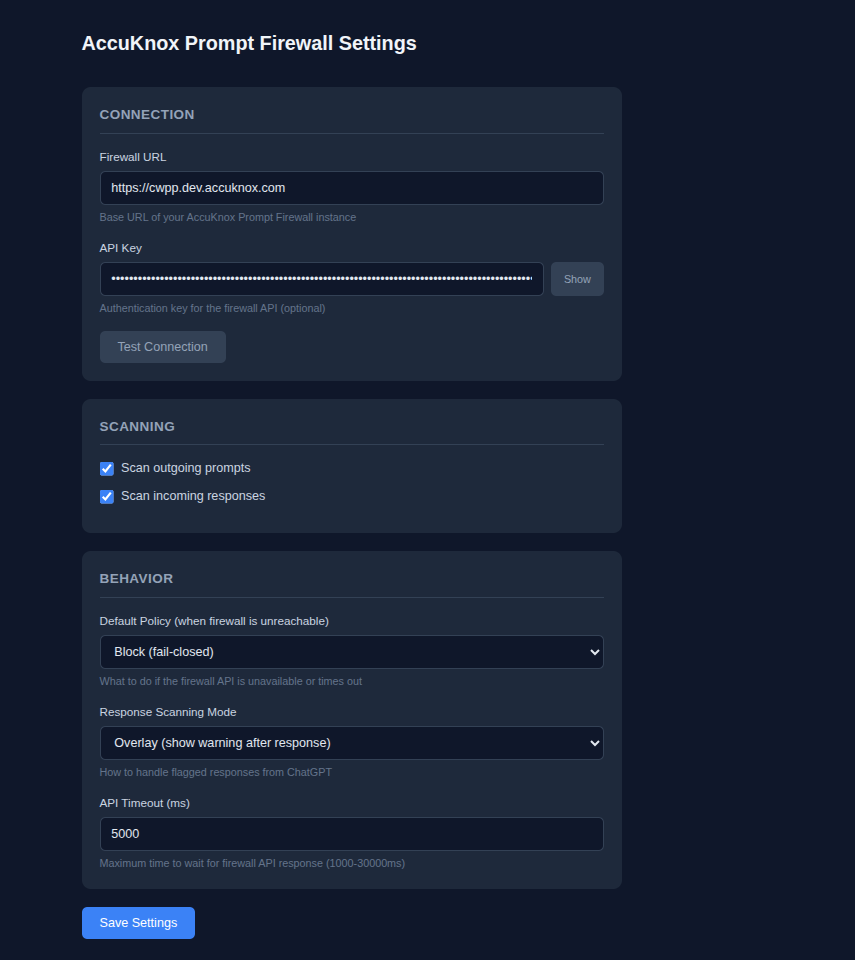 AccuKnox Prompt Firewall Settings panel