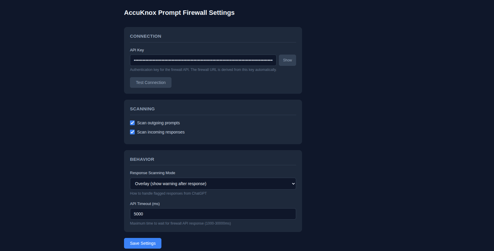 AccuKnox Prompt Firewall Settings panel