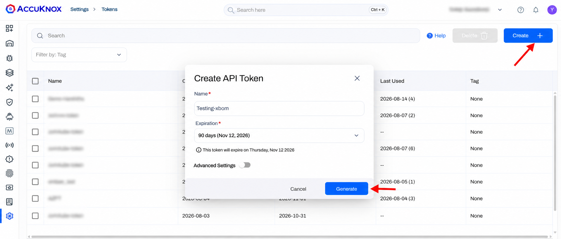 Token creation form showing the name field, expiration dropdown, and Generate button