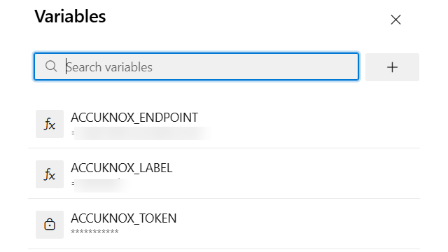 Azure DevOps Variables panel listing ACCUKNOX_ENDPOINT, ACCUKNOX_LABEL, and ACCUKNOX_TOKEN, with the token value masked