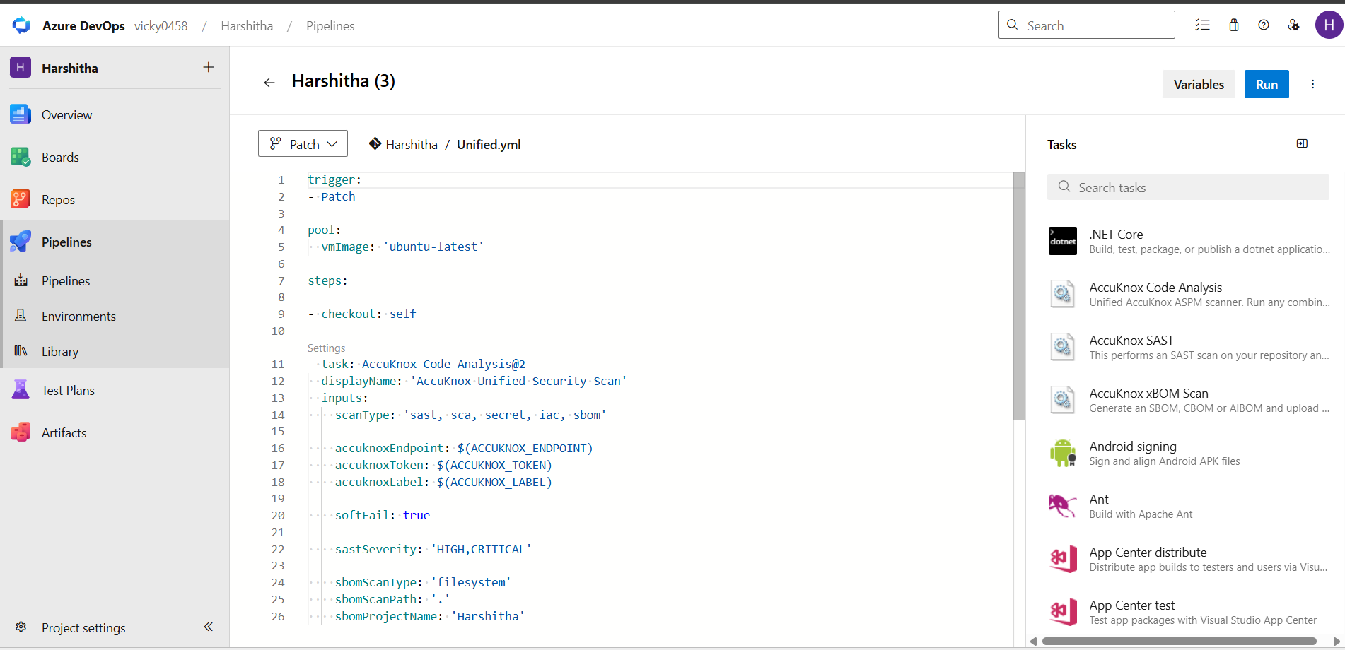 Azure DevOps YAML editor showing the AccuKnox-Code-Analysis task with all five scan types set