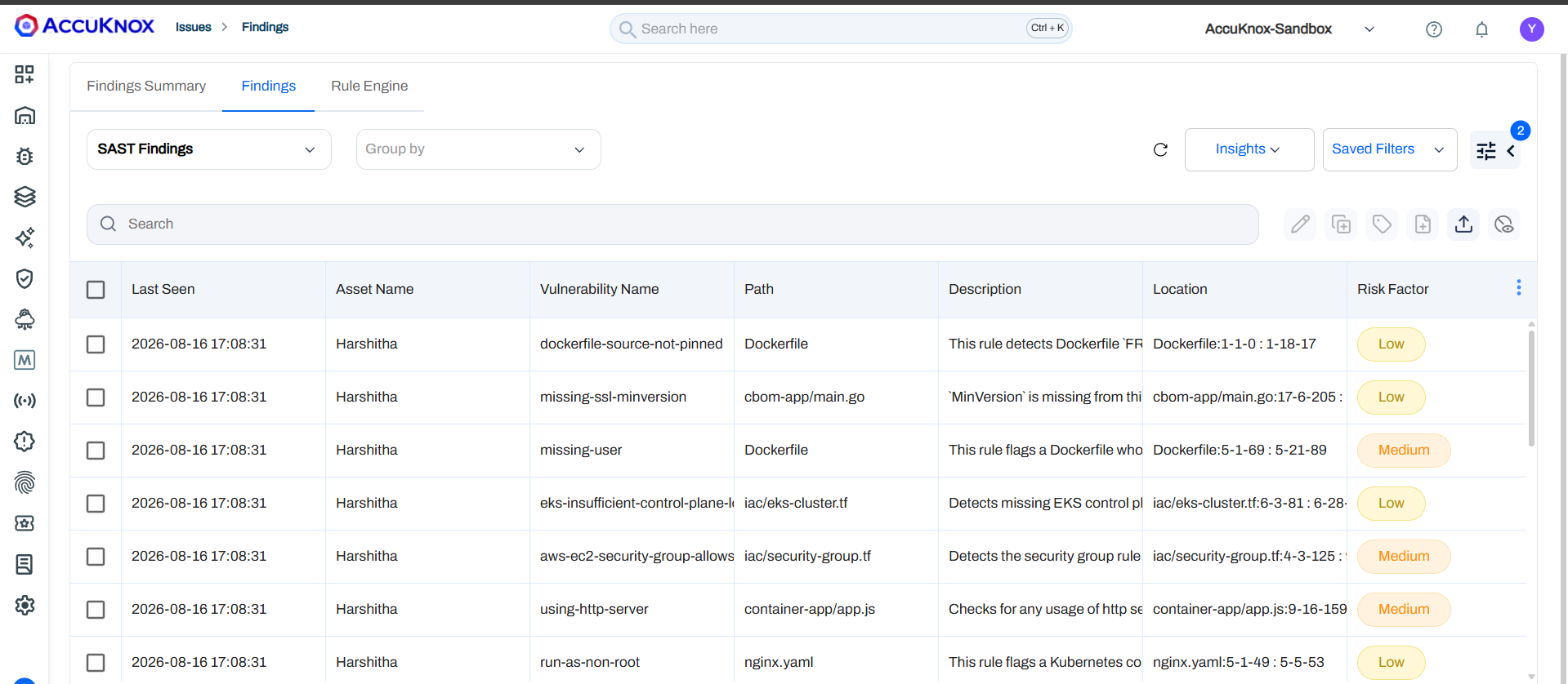AccuKnox SAST findings list showing vulnerability names, file paths, and risk factors