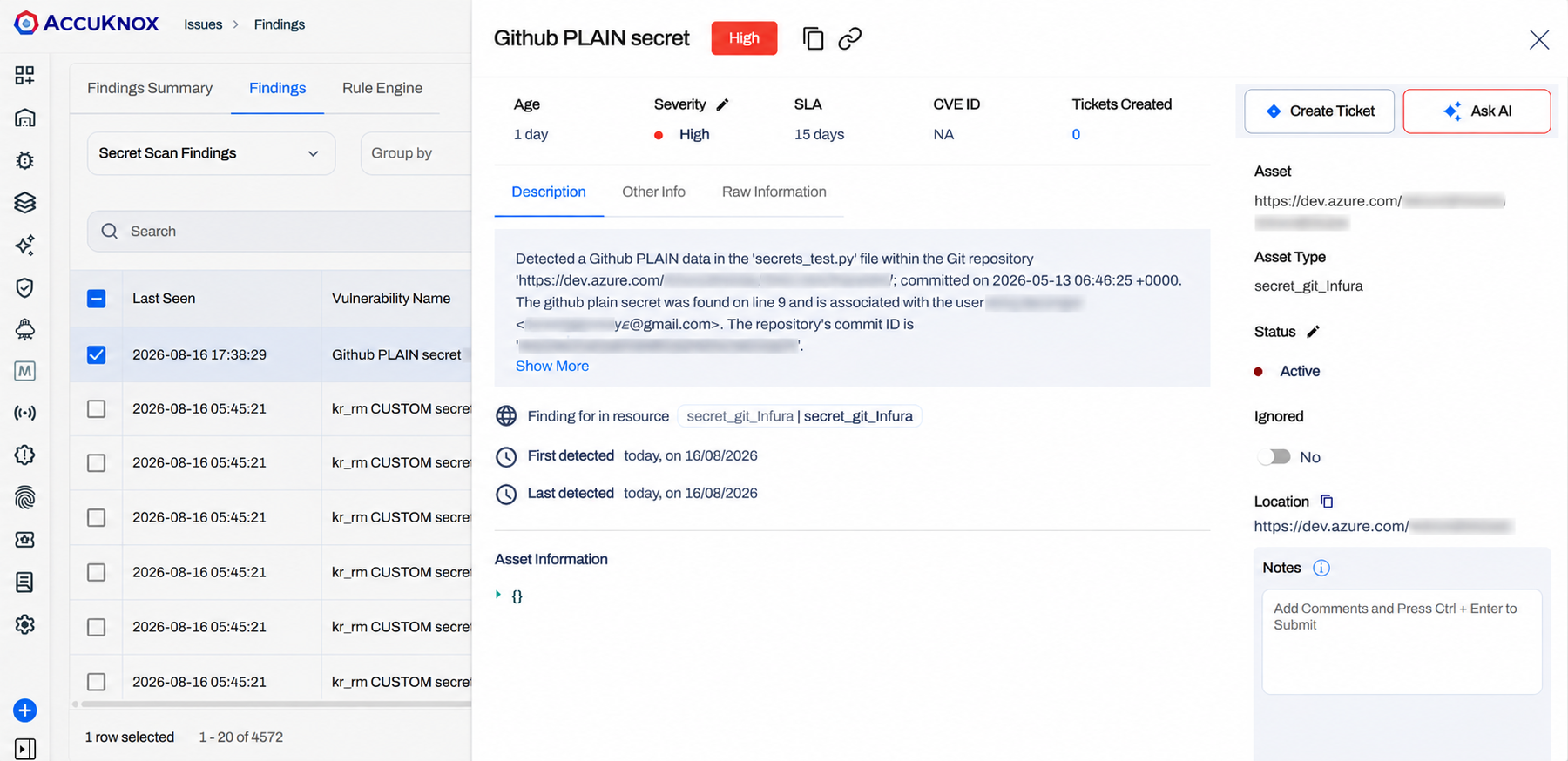 AccuKnox secret scan finding detail showing severity, file and line, commit, and the Create Ticket and Ask AI actions