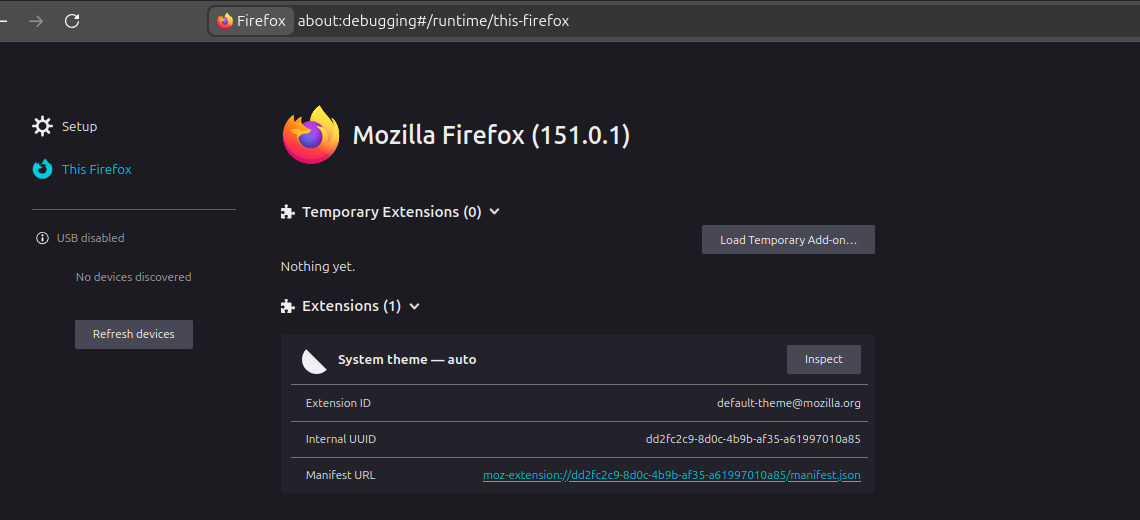 Firefox about:debugging page - This Firefox selected