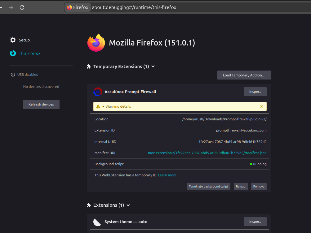 Firefox temporary add-on loaded successfully