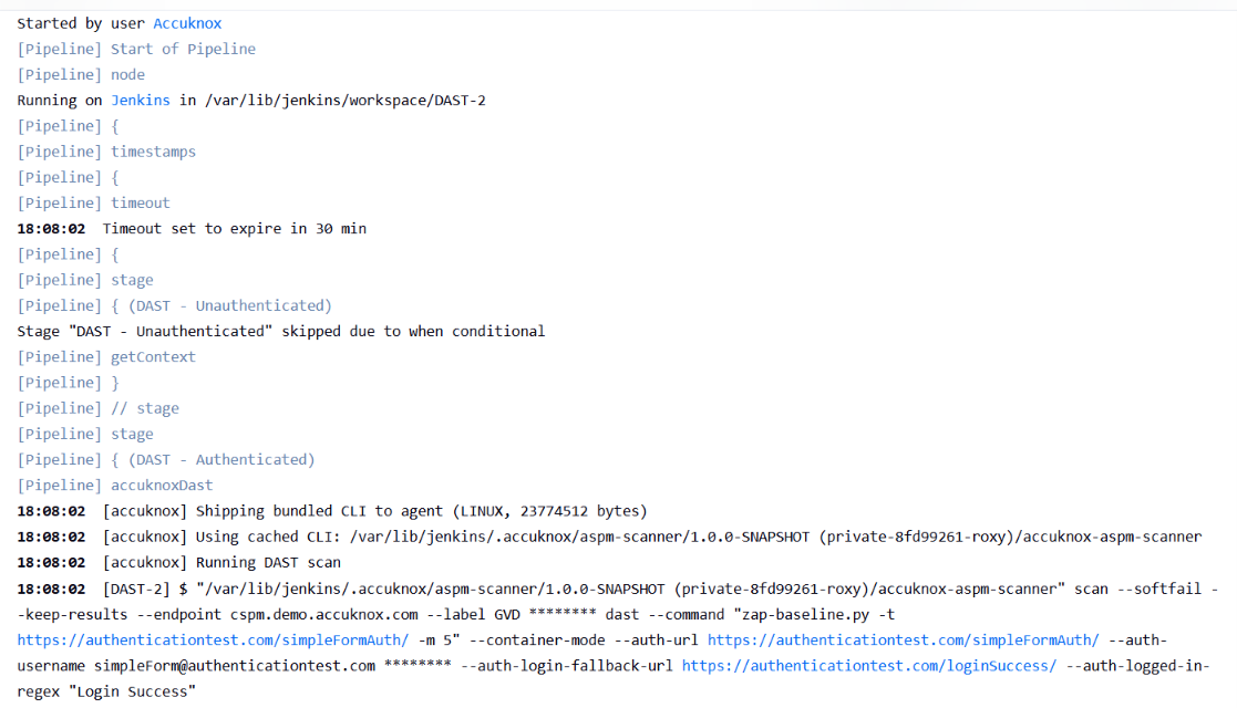 Jenkins console log showing the authenticated DAST stage assembling the zap-baseline command with the token and password masked