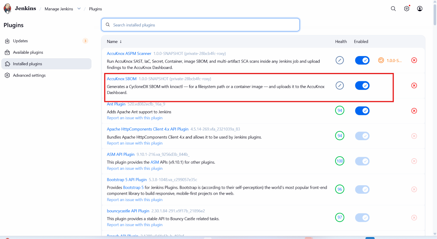 Installed plugins showing AccuKnox