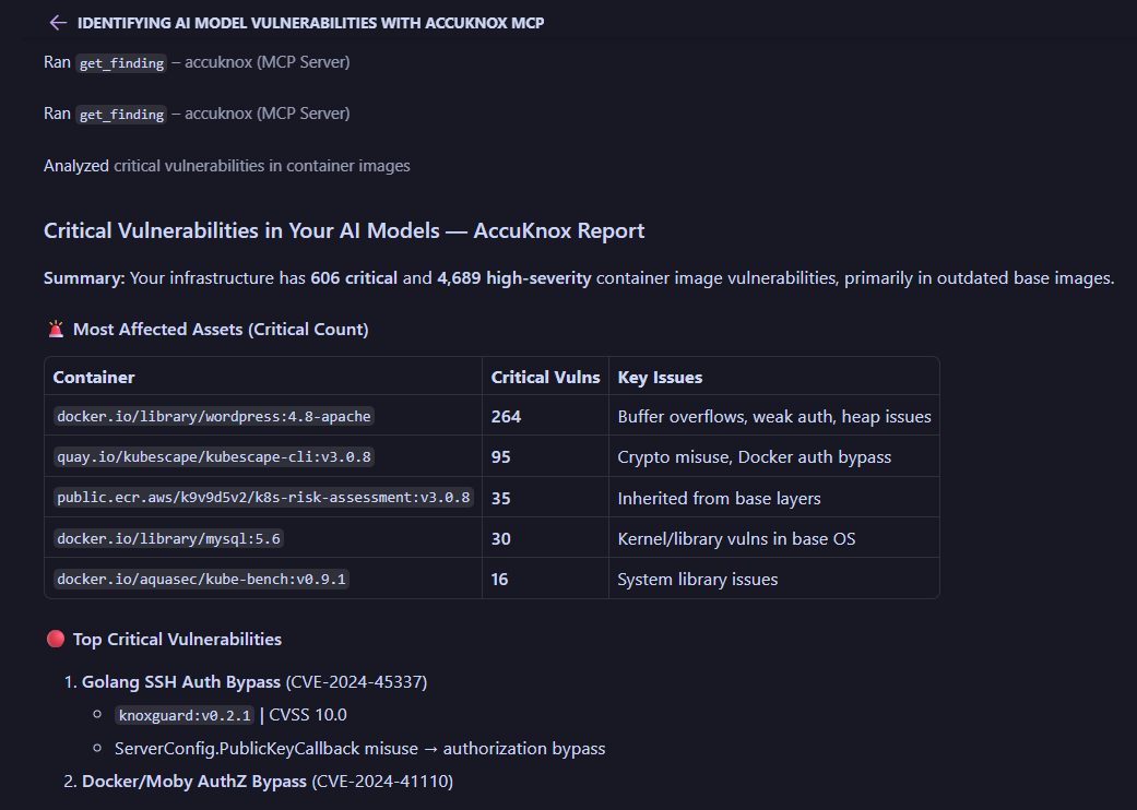 Critical Vulnerabilities report from AccuKnox MCP